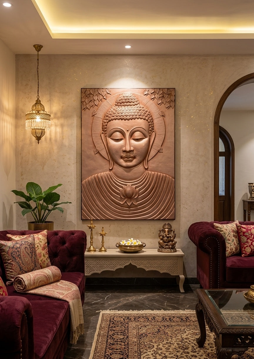 Meditating Lord Buddha with Lotus 3D Relief Mural Panel - Room Mockup 1