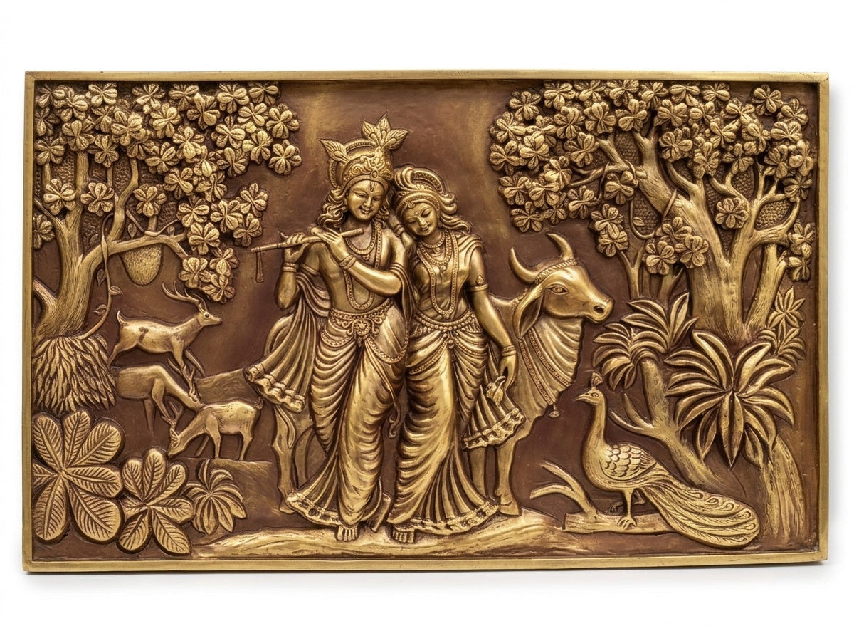 Radha Krishna with Cow and Peacock 3D Relief Wall Art - Studio Detail