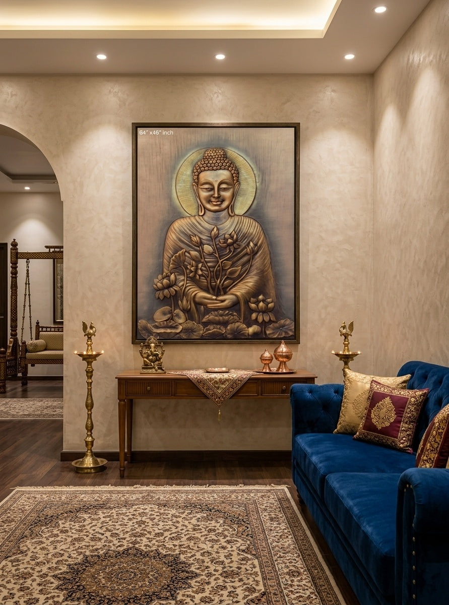 Serene Blessing Buddha with Lotus 3D Relief Mural
