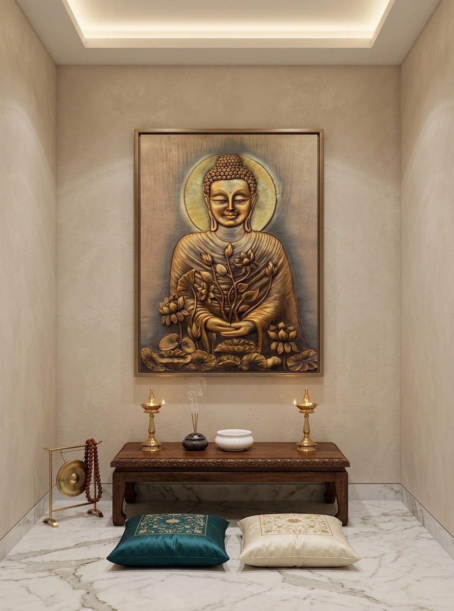 Serene Blessing Buddha with Lotus 3D Relief Mural