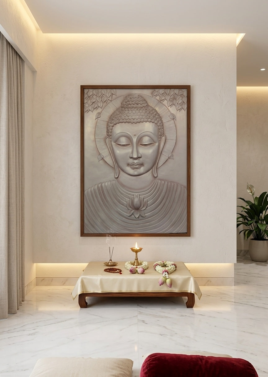 Meditating Lord Buddha with Lotus 3D Relief Mural Panel