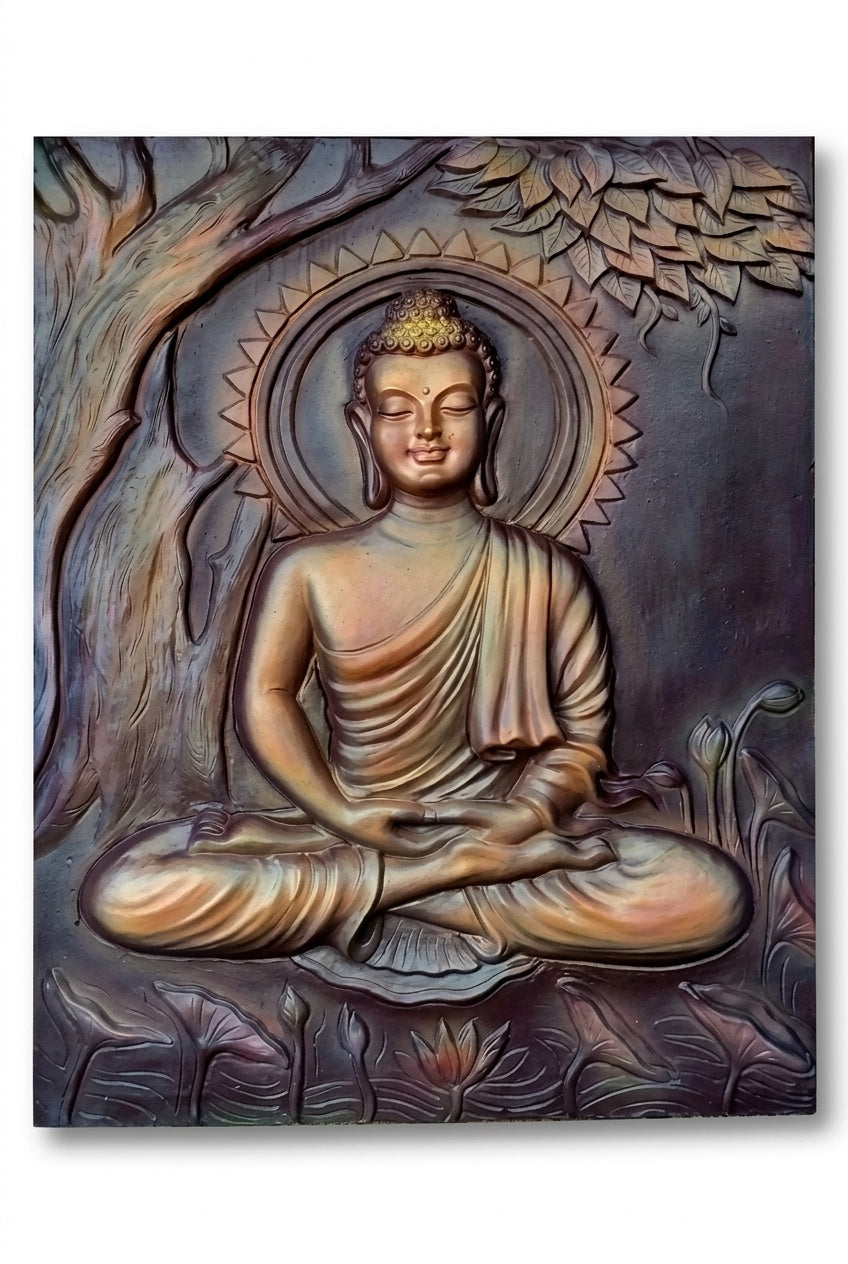 Meditating Buddha under Bodhi Tree 3D Relief Wall Art Panel - Studio Detail