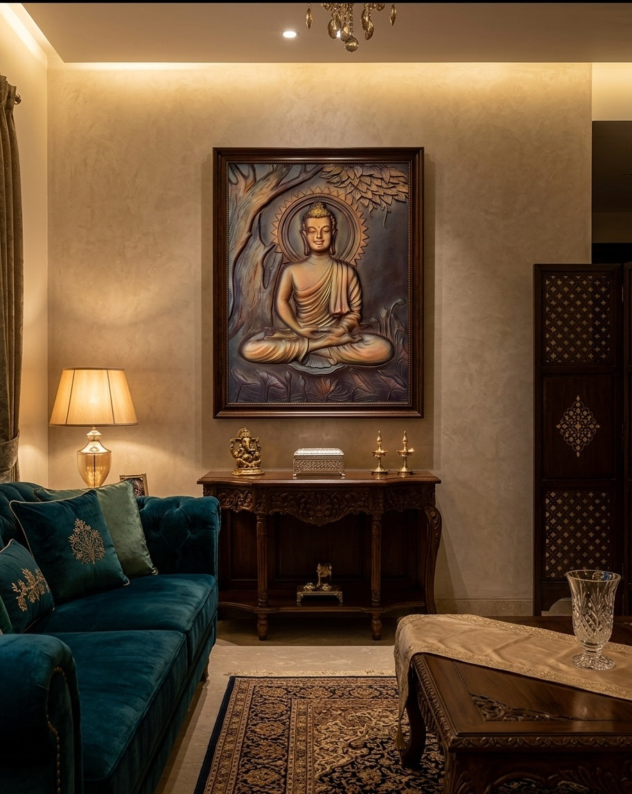 Meditating Buddha under Bodhi Tree 3D Relief Wall Art Panel - Room Mockup 1