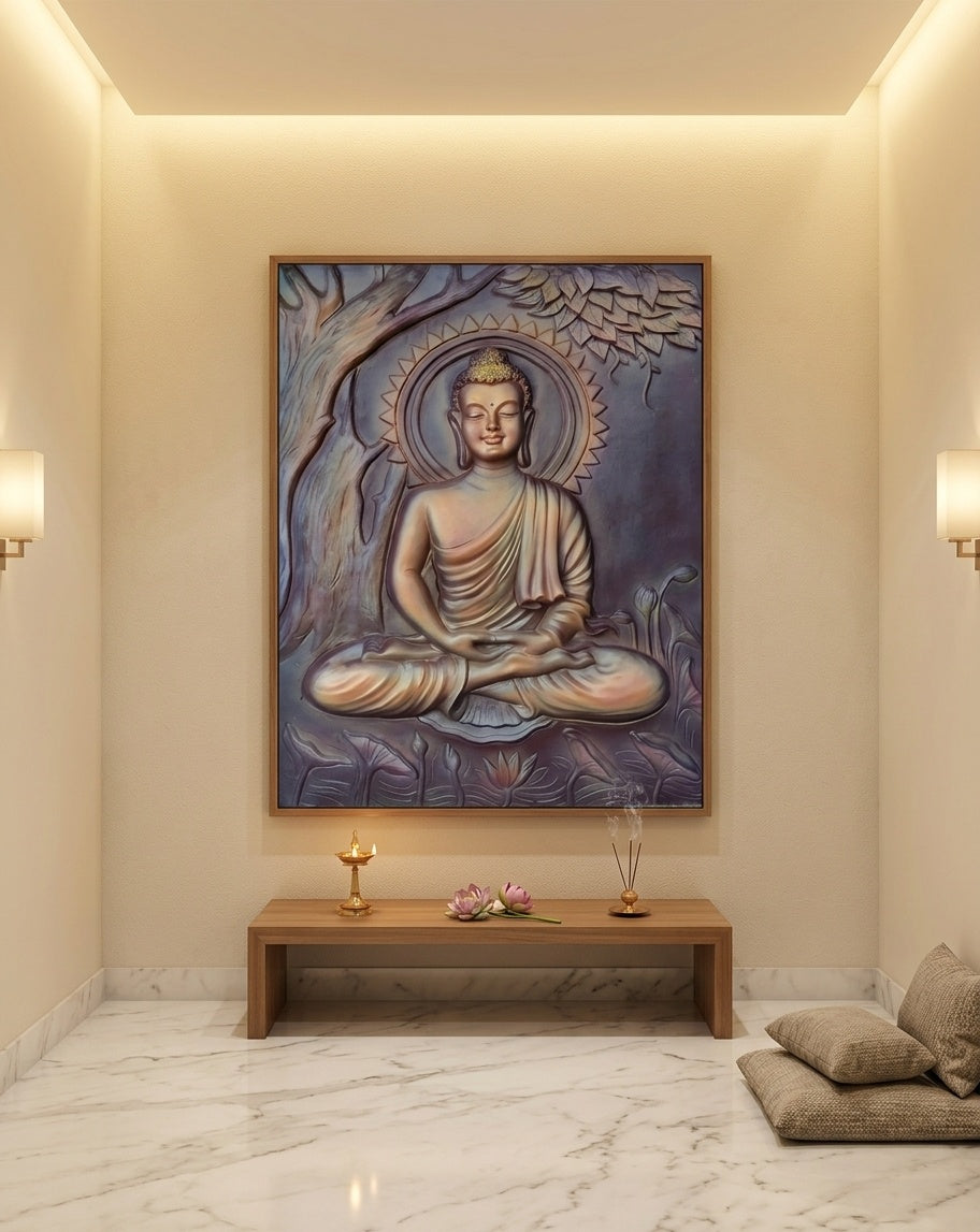 Meditating Buddha under Bodhi Tree 3D Relief Wall Art Panel - Room Mockup 2