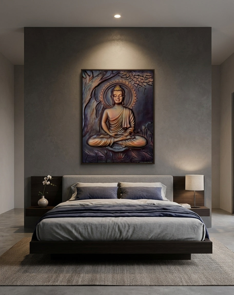 Meditating Buddha under Bodhi Tree 3D Relief Wall Art Panel - Room Mockup 3