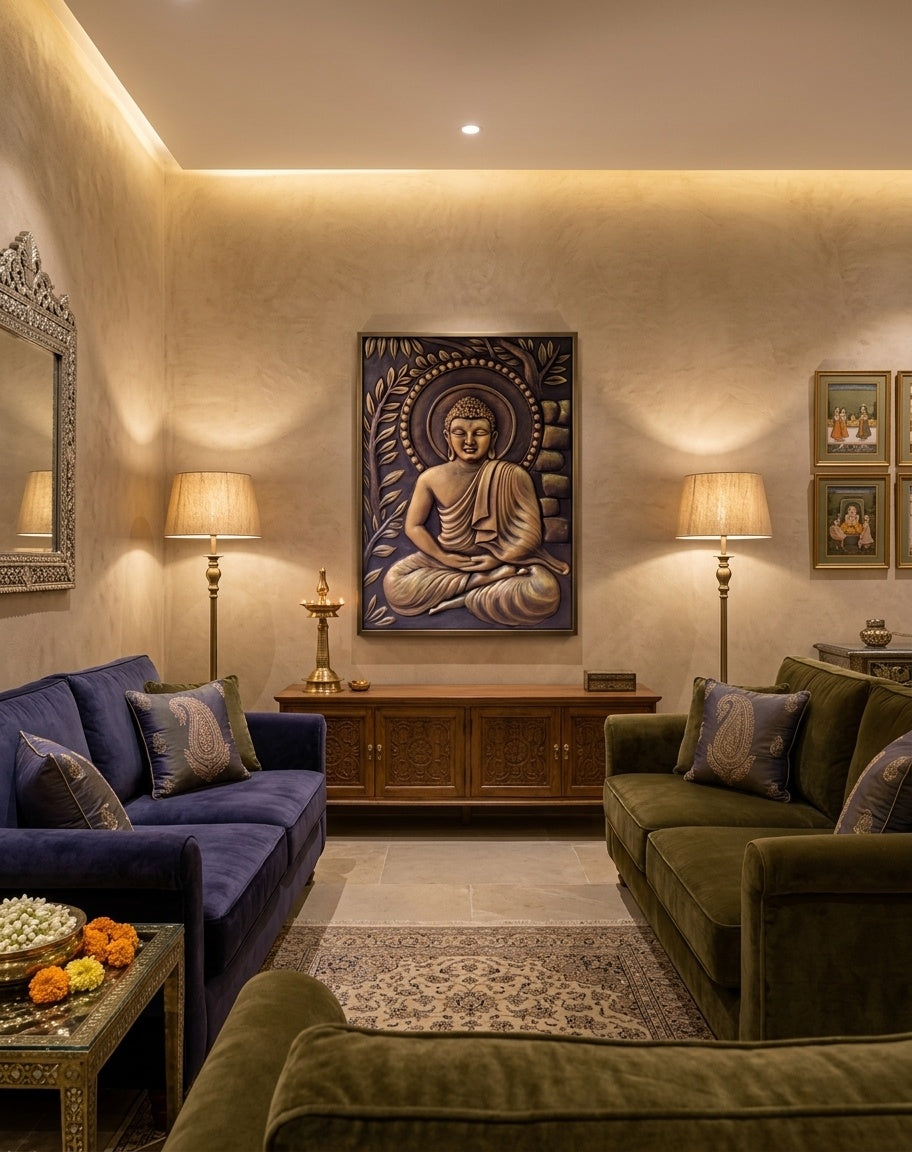 Meditating Buddha Under Bodhi Tree 3D Relief Mural Wall Art - Room Mockup 1