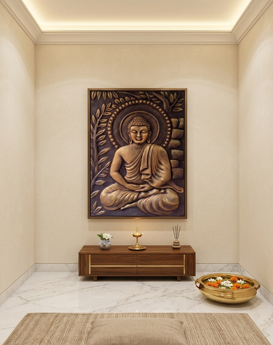 Meditating Buddha Under Bodhi Tree 3D Relief Mural Wall Art - Room Mockup 2