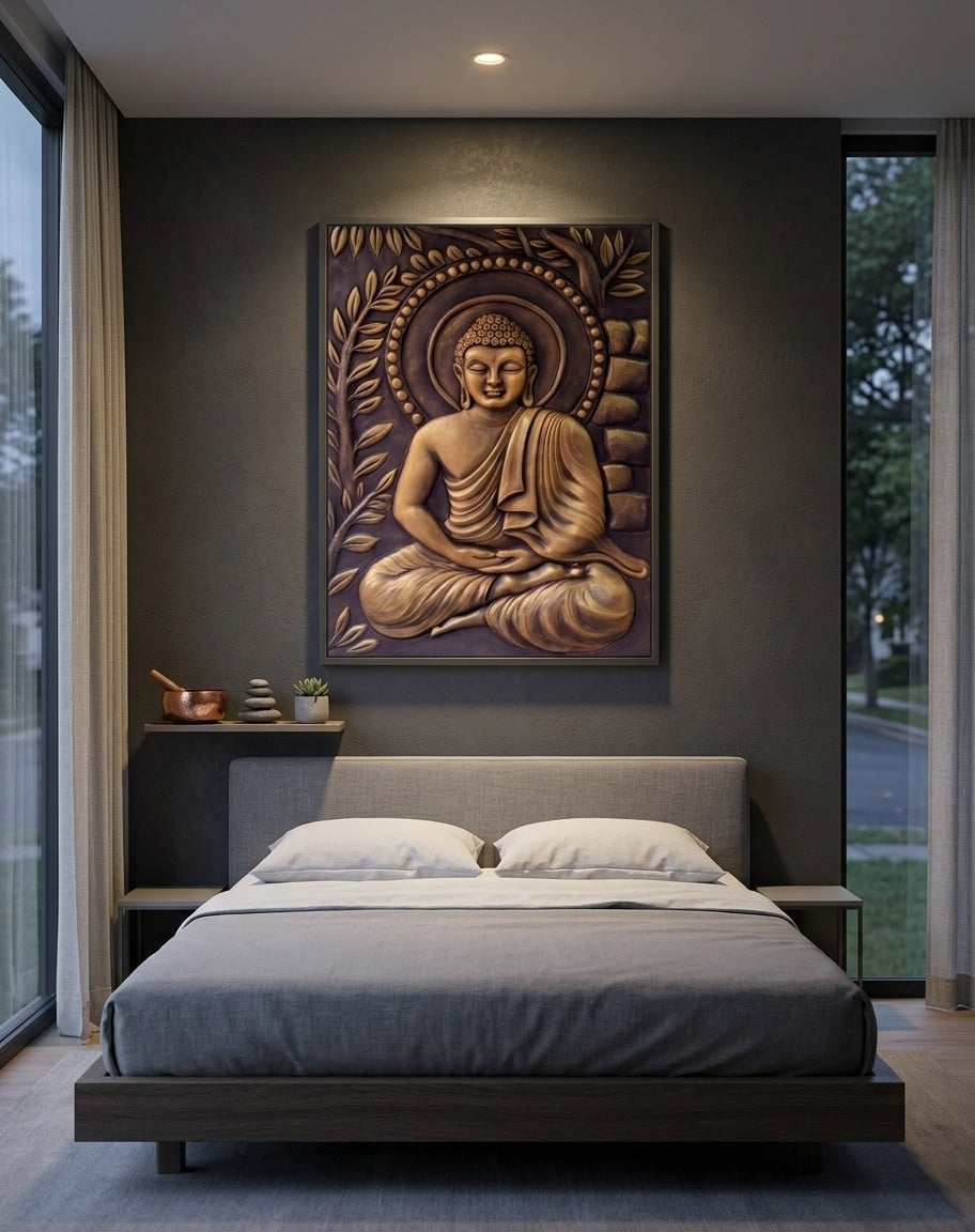 Meditating Buddha Under Bodhi Tree 3D Relief Mural Wall Art - Room Mockup 3