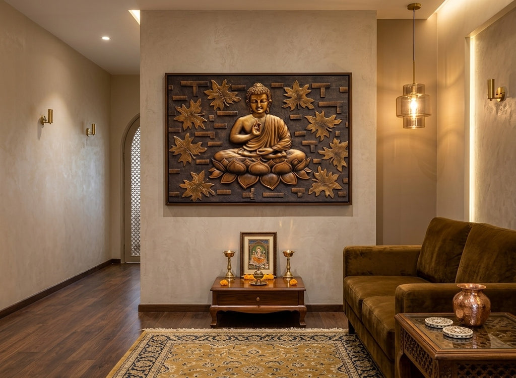 Blessing Buddha on Lotus 3D Relief Wall Art Panel - Room Mockup 1
