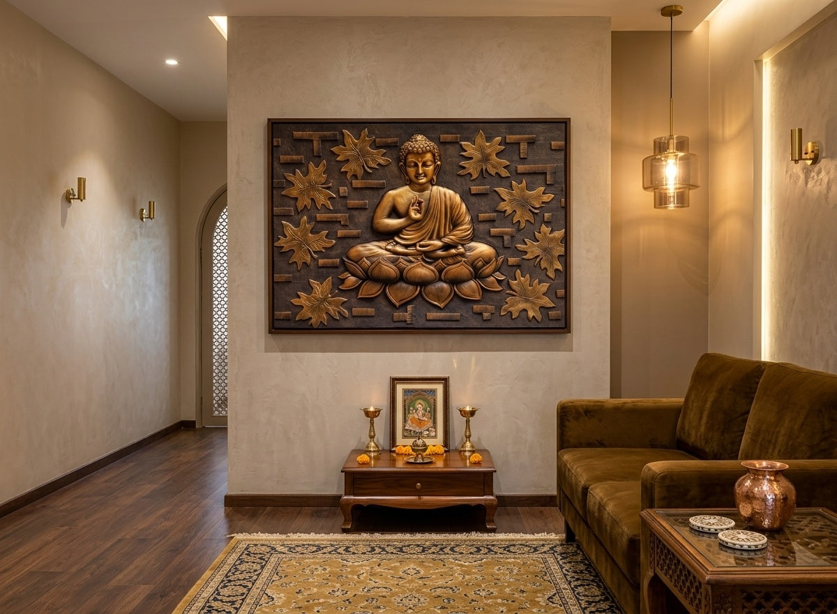 Blessing Buddha on Lotus 3D Relief Wall Art Panel - Room Mockup 1