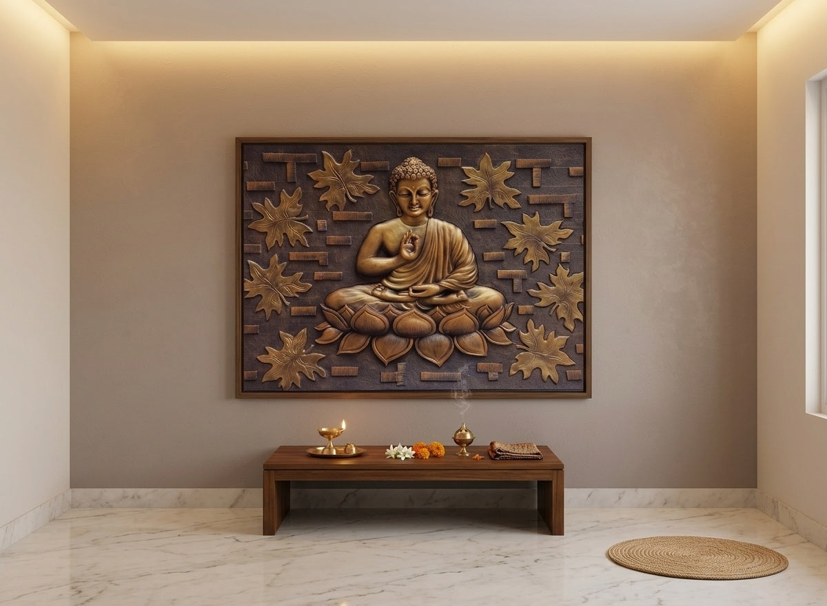 Blessing Buddha on Lotus 3D Relief Wall Art Panel - Room Mockup 2