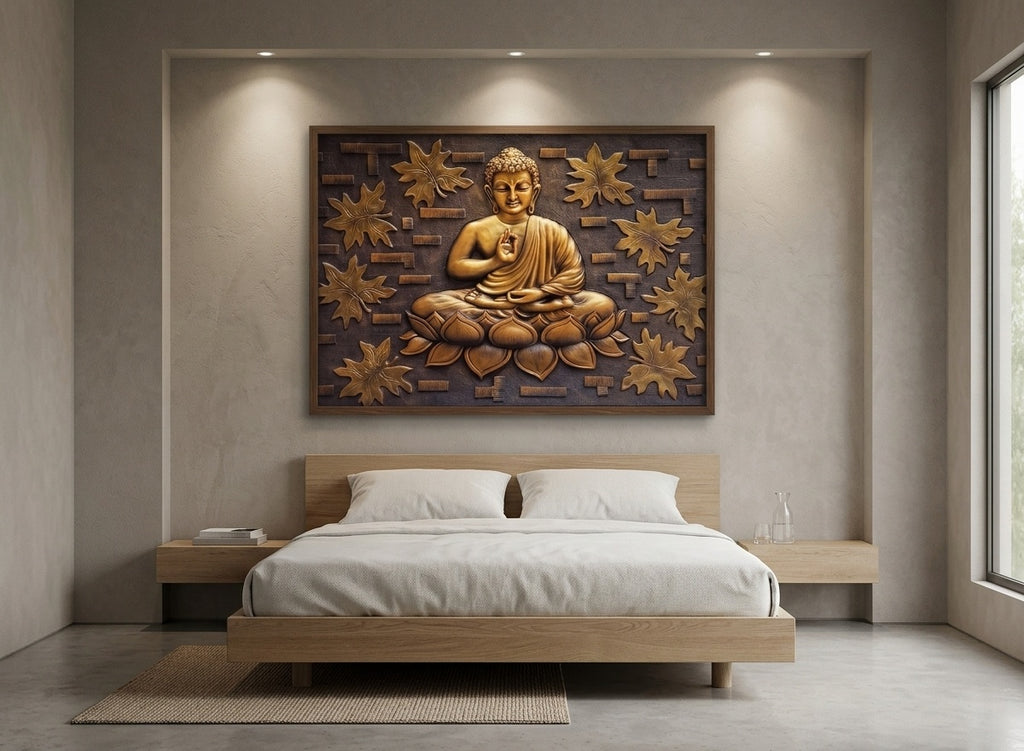 Blessing Buddha on Lotus 3D Relief Wall Art Panel - Room Mockup 3