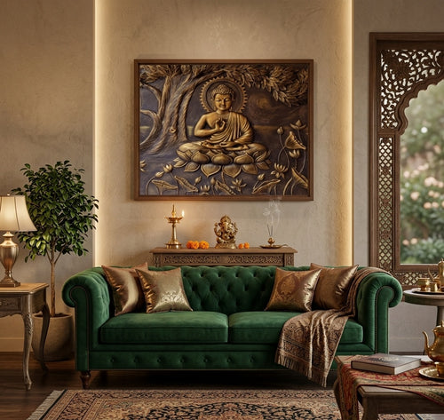 Blessing Buddha under Bodhi Tree 3D Relief Mural Wall Art - Room Mockup 1