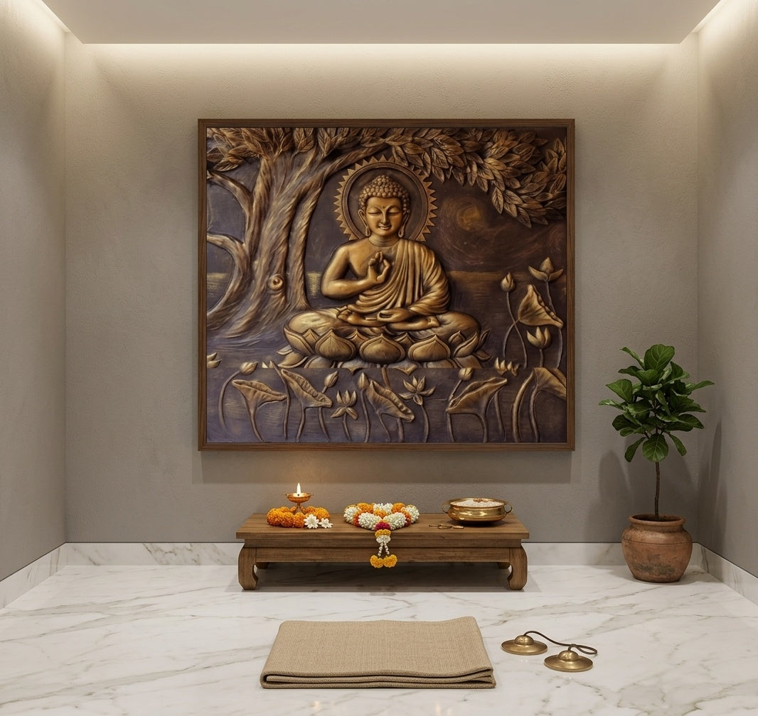 Blessing Buddha under Bodhi Tree 3D Relief Mural Wall Art - Room Mockup 2