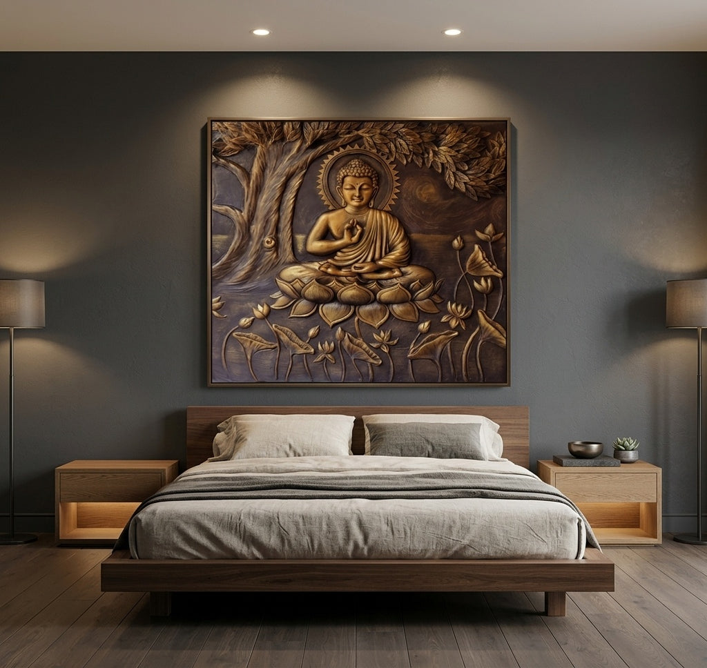 Blessing Buddha under Bodhi Tree 3D Relief Mural Wall Art - Room Mockup 3