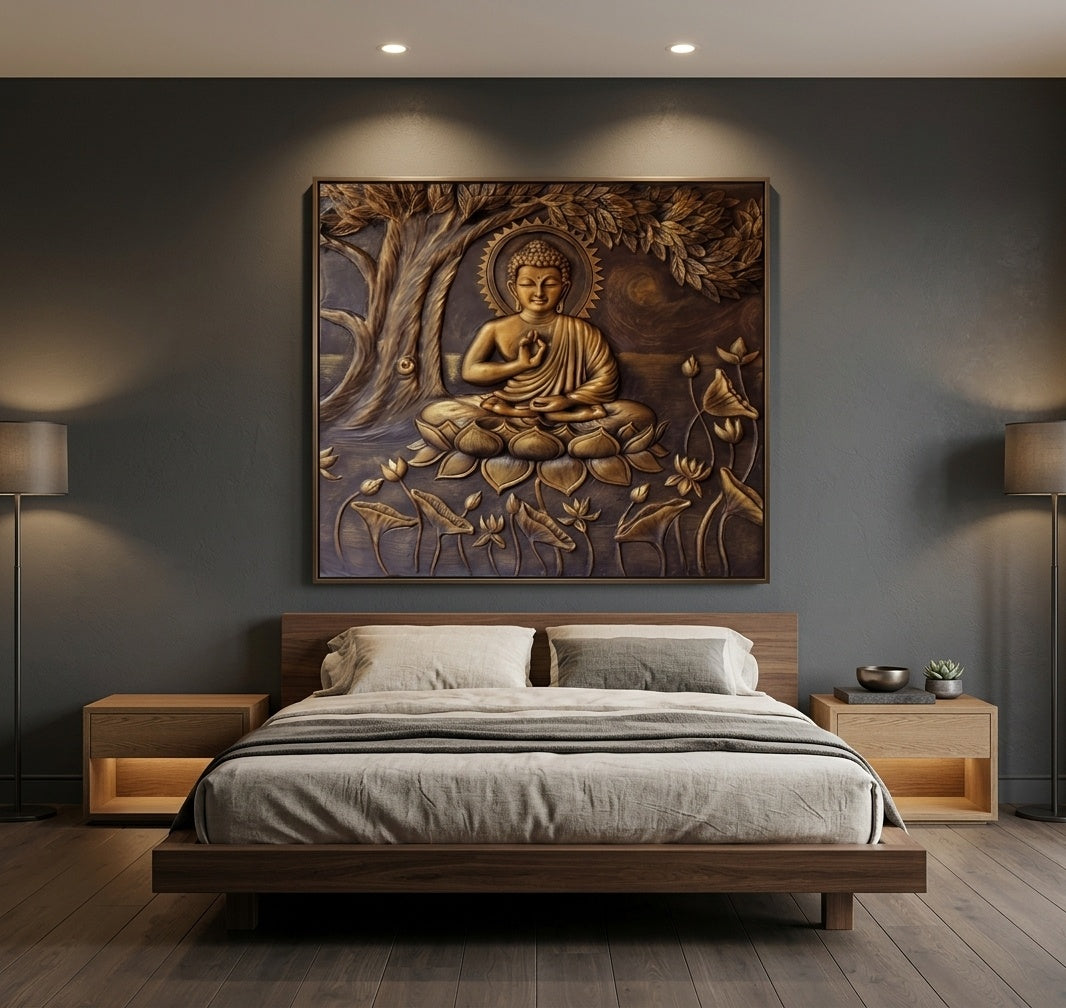 Blessing Buddha under Bodhi Tree 3D Relief Mural Wall Art - Room Mockup 3