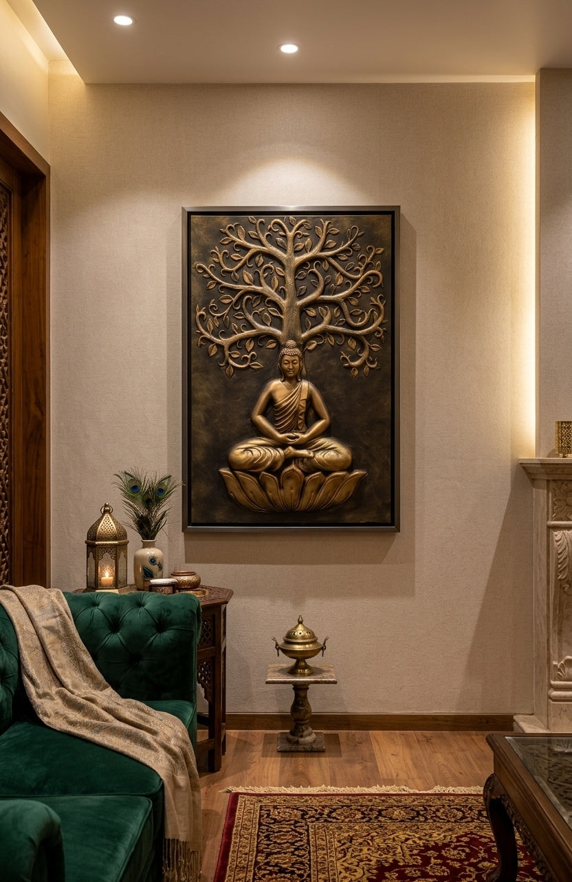 Meditating Buddha under Bodhi Tree 3D Relief Mural - Room Mockup 1