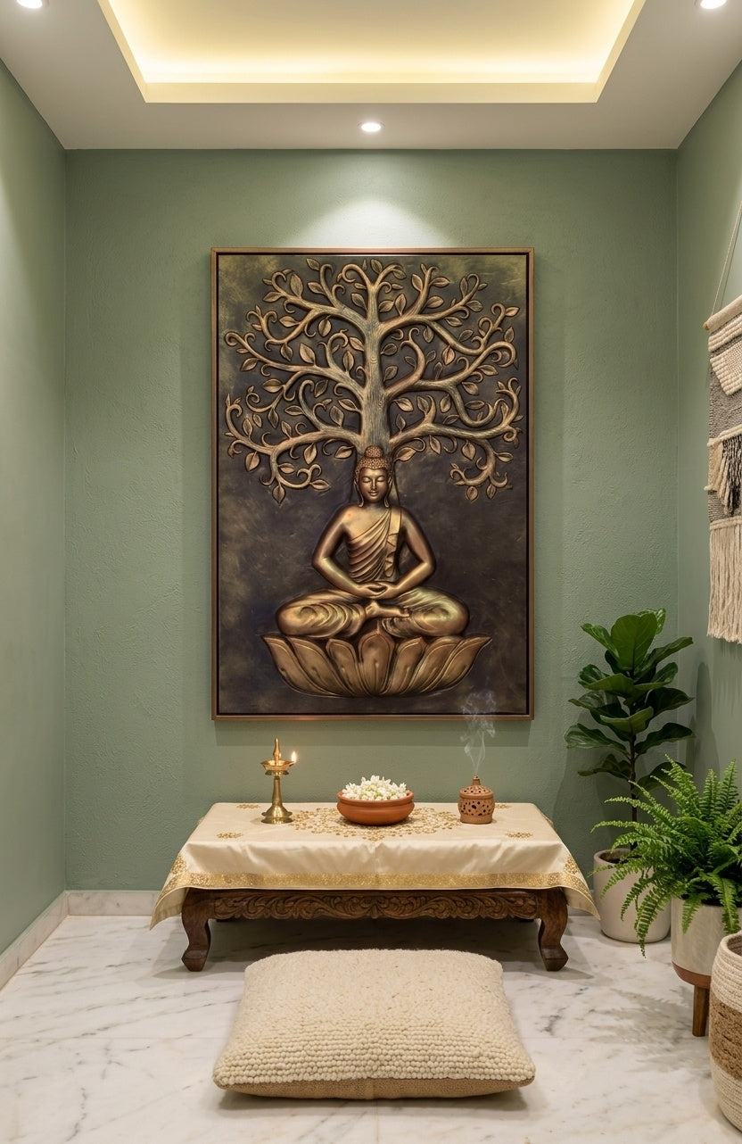 Meditating Buddha under Bodhi Tree 3D Relief Mural - Room Mockup 2
