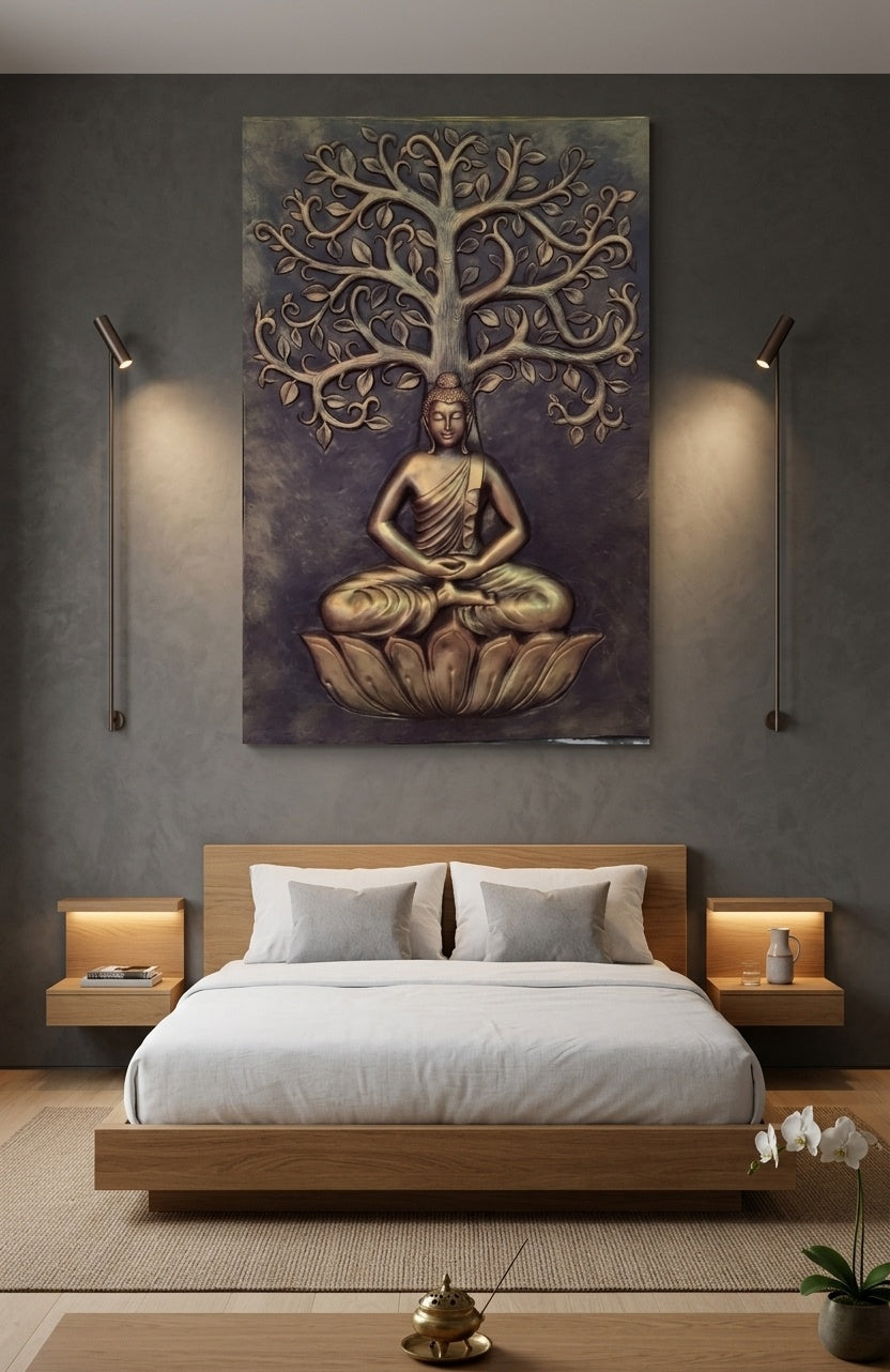 Meditating Buddha under Bodhi Tree 3D Relief Mural - Room Mockup 3