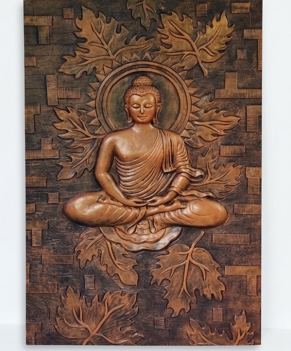Meditating Buddha under Bodhi Leaves 3D Relief Wall Art Mural - Studio Detail