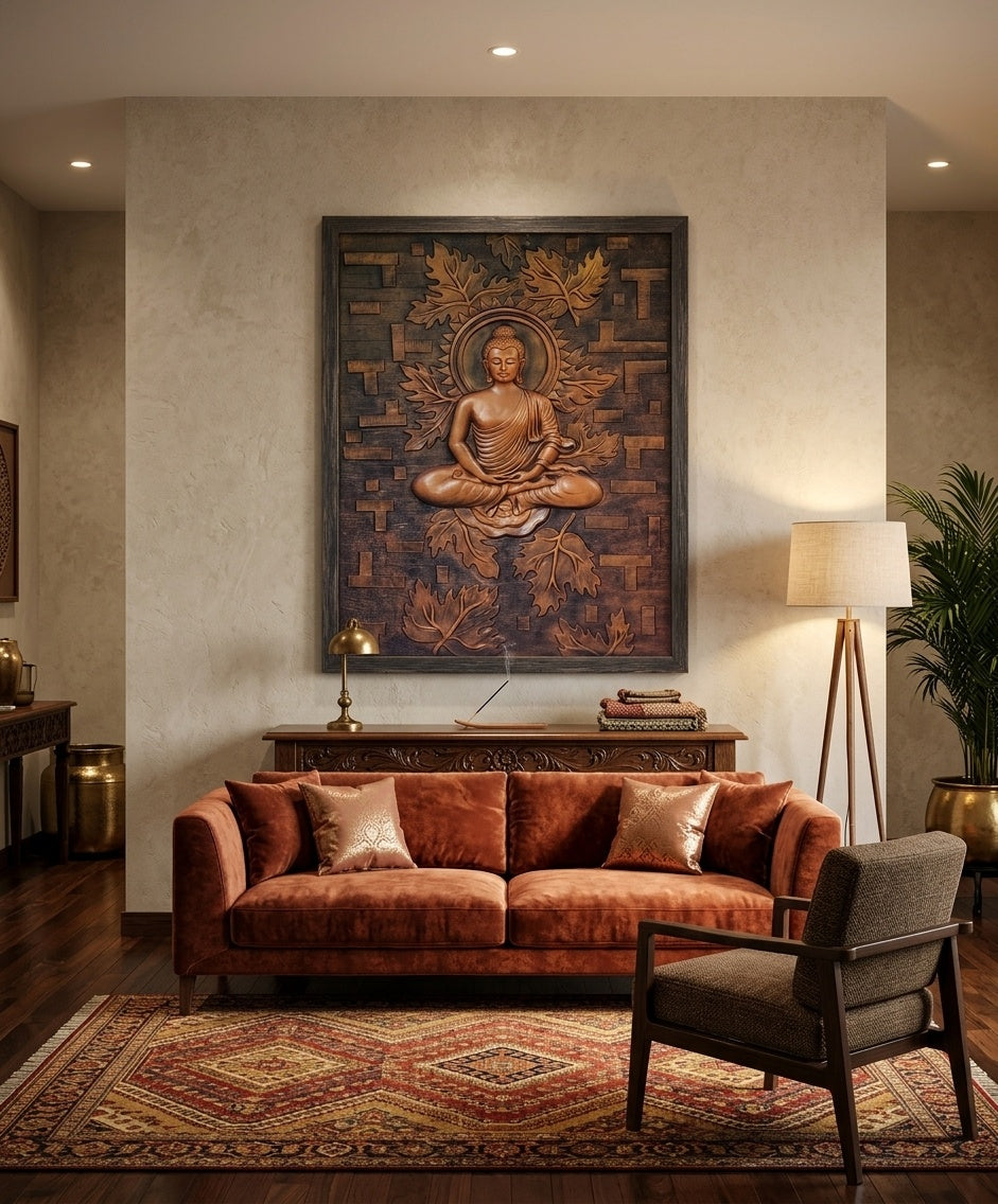Meditating Buddha under Bodhi Leaves 3D Relief Wall Art Mural - Room Mockup 1