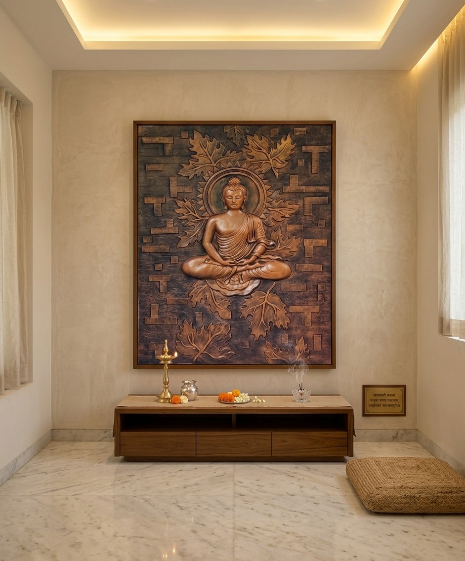 Meditating Buddha under Bodhi Leaves 3D Relief Wall Art Mural - Room Mockup 2