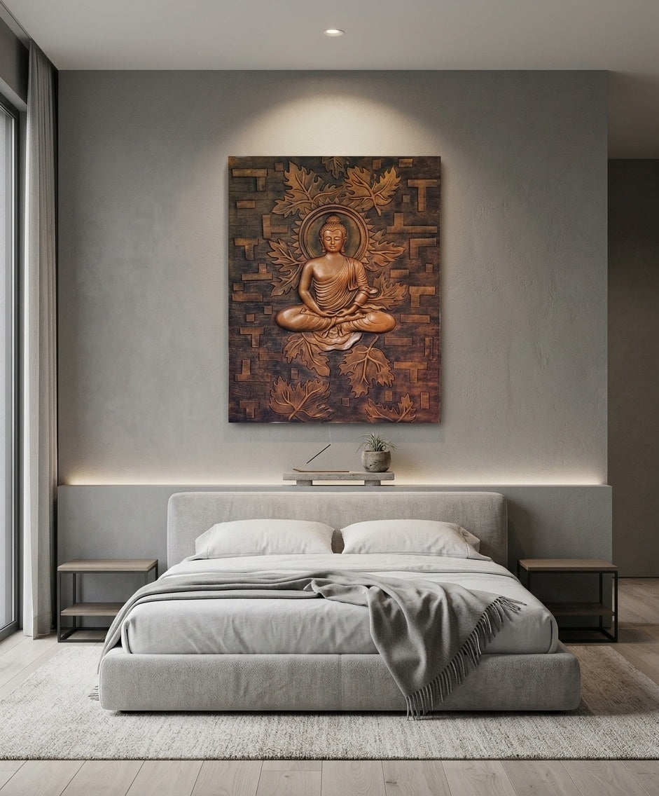Meditating Buddha under Bodhi Leaves 3D Relief Wall Art Mural - Room Mockup 3