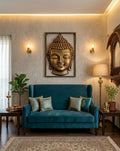 Golden Meditating Buddha Face 3D Wall Art Relief - Room Mockup 1