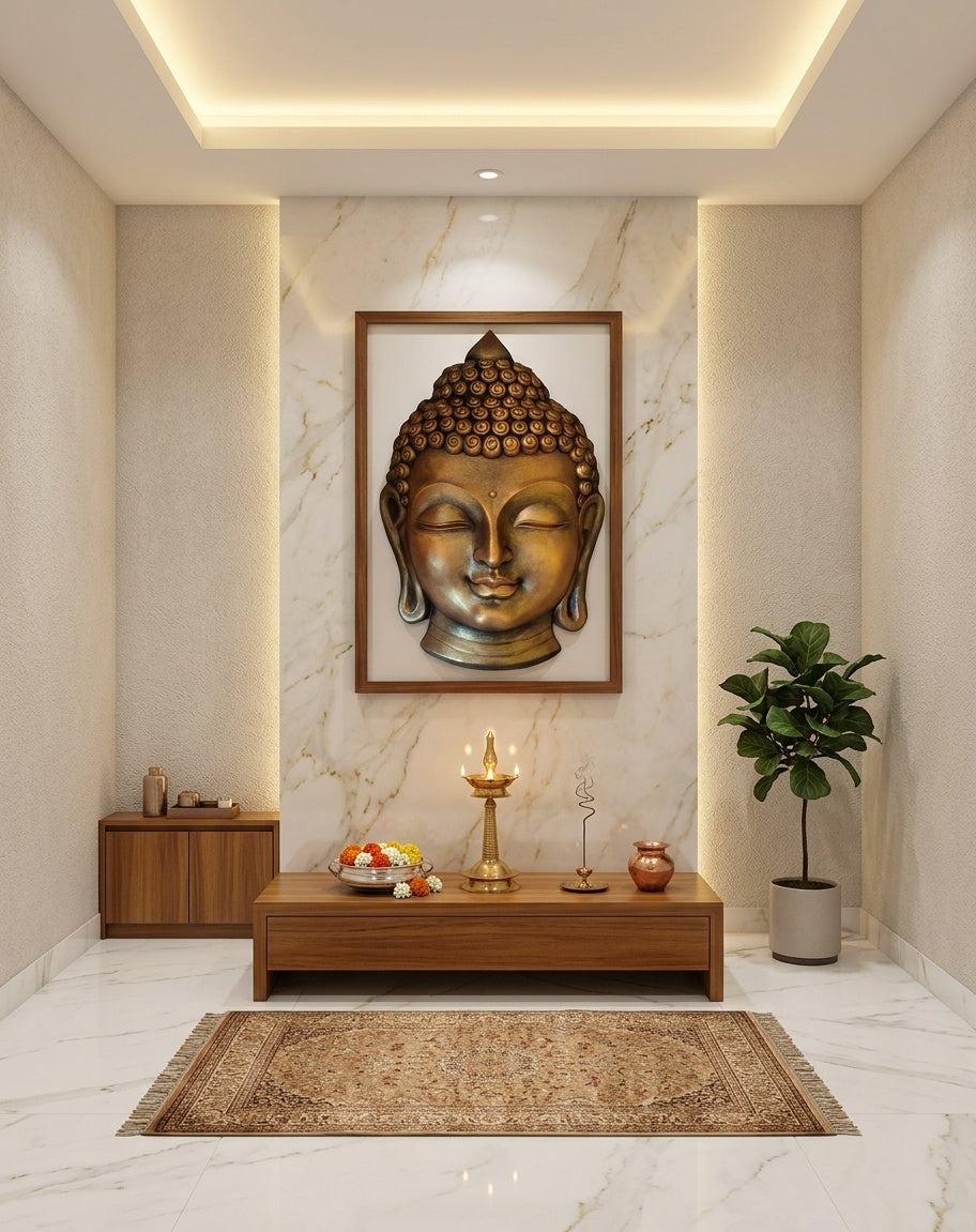 Golden Meditating Buddha Face 3D Wall Art Relief - Room Mockup 2