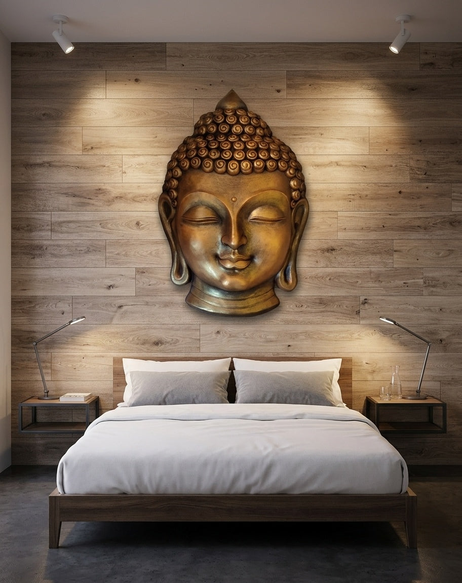 Golden Meditating Buddha Face 3D Wall Art Relief - Room Mockup 3