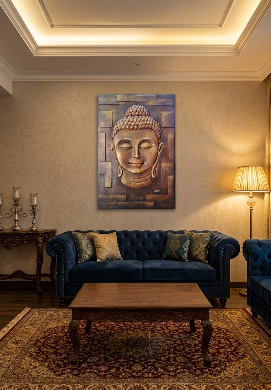 Serene Buddha 3D Relief Mural Wall Art Panel (Bronze Finish) - Room Mockup 1