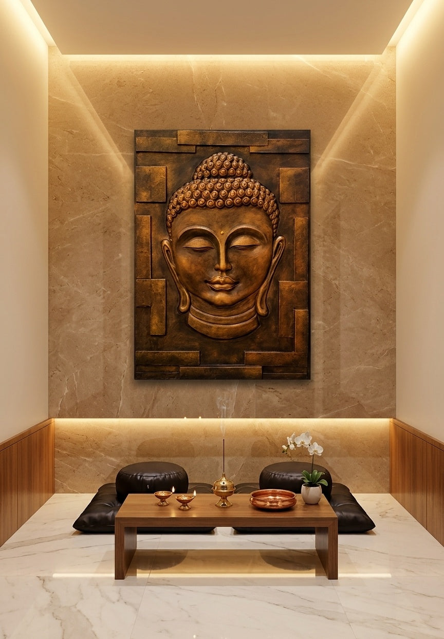 Serene Buddha 3D Relief Mural Wall Art Panel (Bronze Finish) - Room Mockup 2