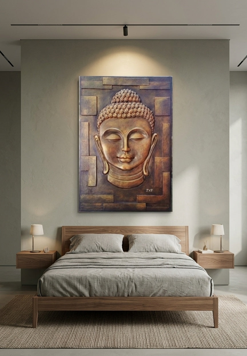 Serene Buddha 3D Relief Mural Wall Art Panel (Bronze Finish) - Room Mockup 3