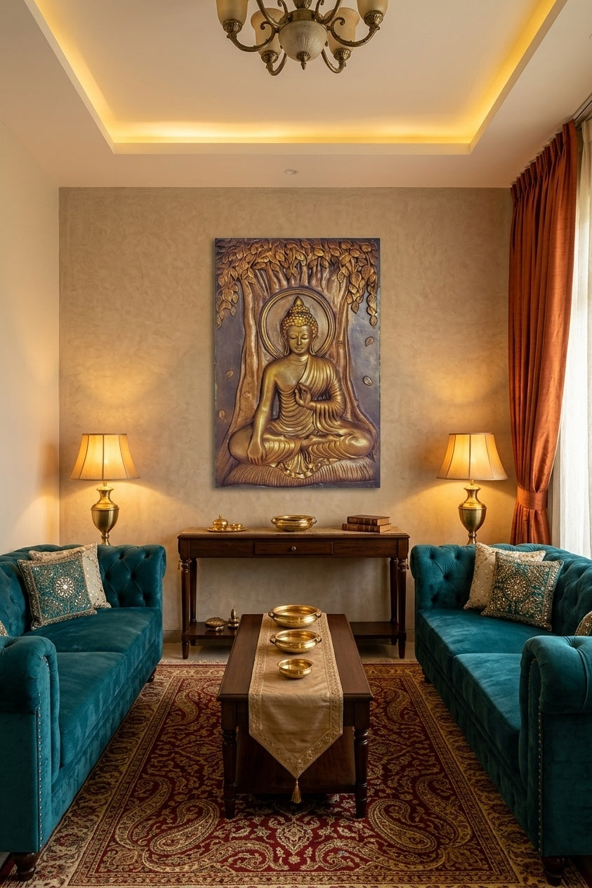 Gautam Buddha Under Bodhi Tree 3D Relief Mural Panel - Room Mockup 1