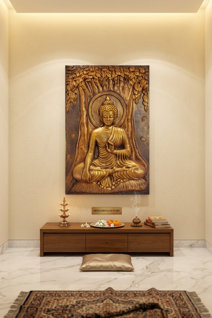 Gautam Buddha Under Bodhi Tree 3D Relief Mural Panel - Room Mockup 2