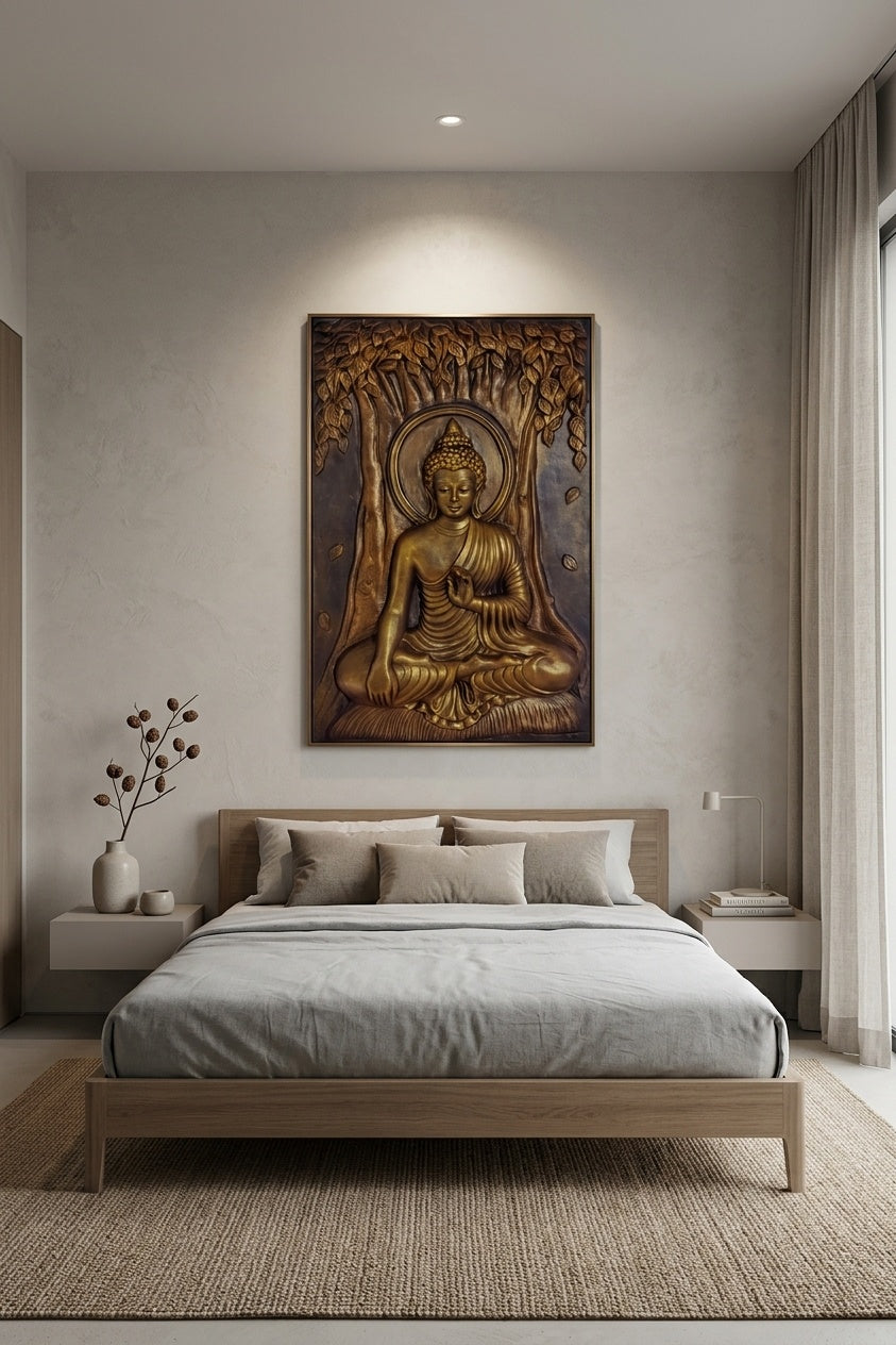 Gautam Buddha Under Bodhi Tree 3D Relief Mural Panel - Room Mockup 3