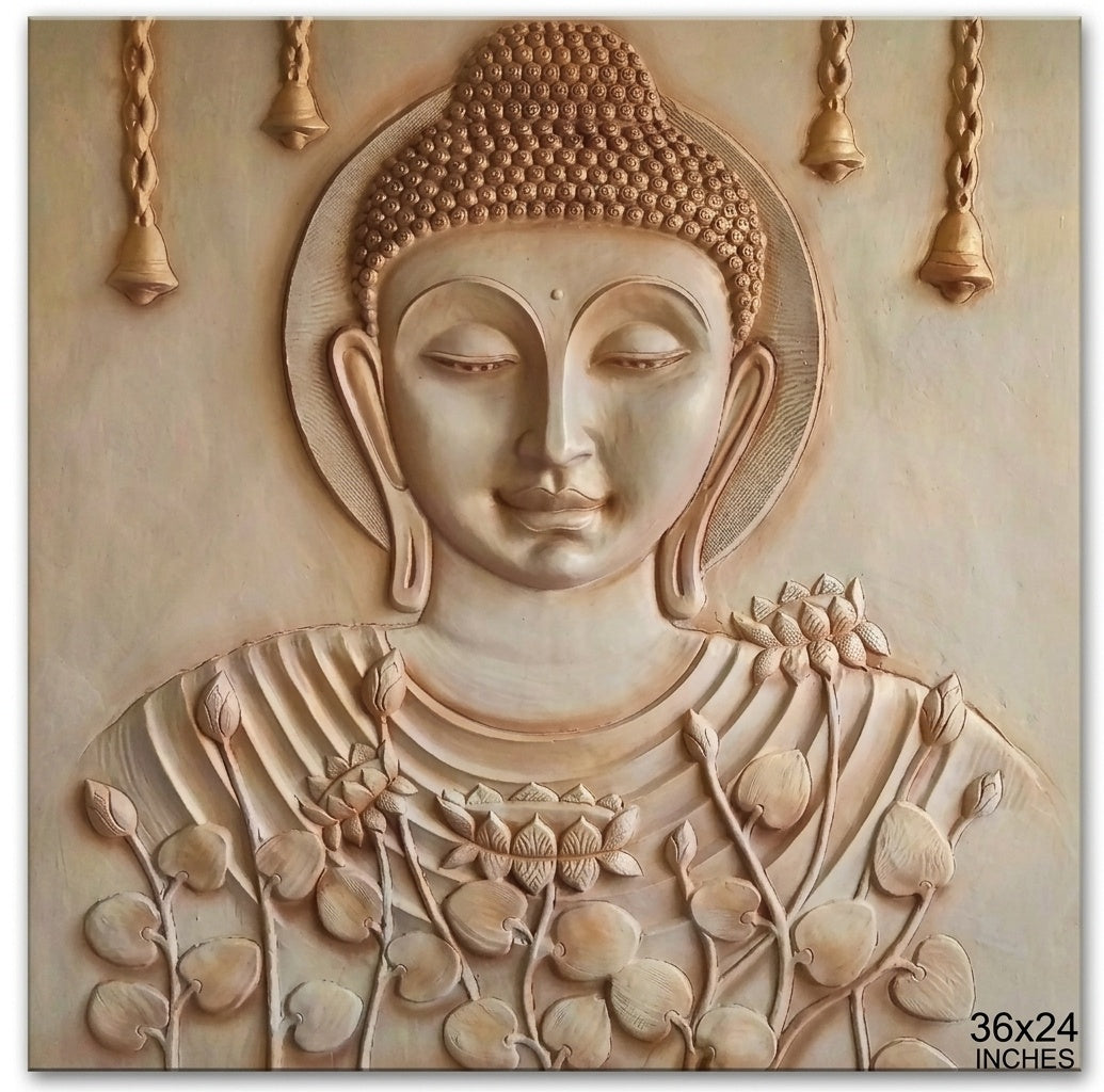 Meditating Buddha with Lotus and Bells 3D Relief Mural - Studio Detail