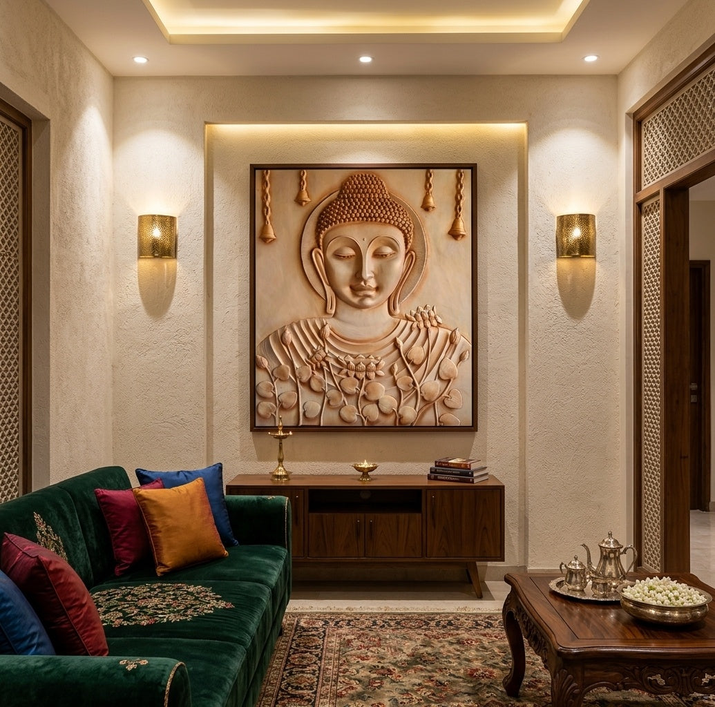 Meditating Buddha with Lotus and Bells 3D Relief Mural - Room Mockup 1
