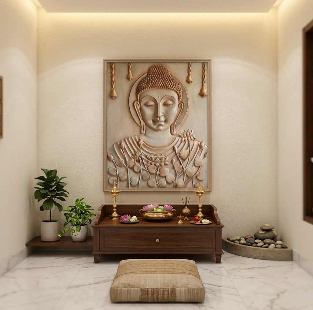 Meditating Buddha with Lotus and Bells 3D Relief Mural - Room Mockup 2