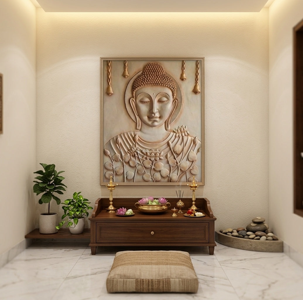 Meditating Buddha with Lotus and Bells 3D Relief Mural - Room Mockup 2