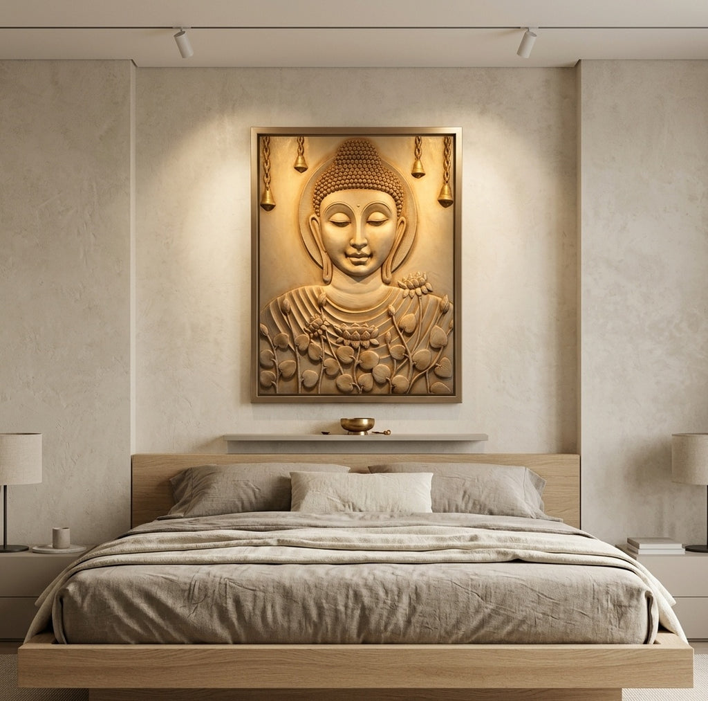 Meditating Buddha with Lotus and Bells 3D Relief Mural - Room Mockup 3