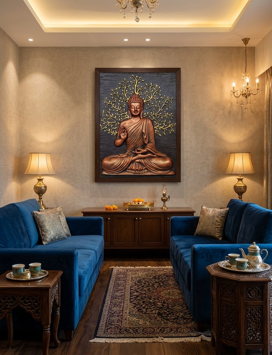 Blessing Buddha under Bodhi Tree 3D Relief Wall Art Panel - Room Mockup 1