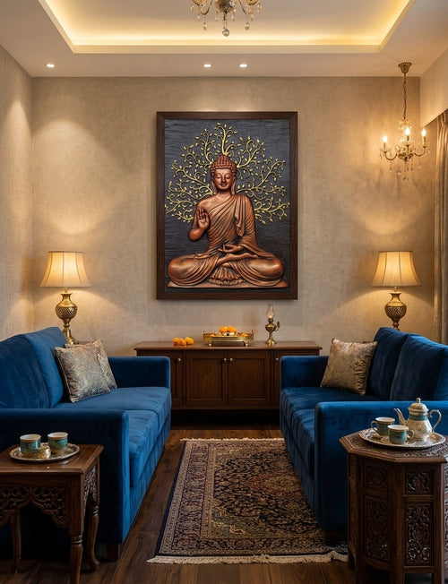 Blessing Buddha under Bodhi Tree 3D Relief Wall Art Panel - Room Mockup 1