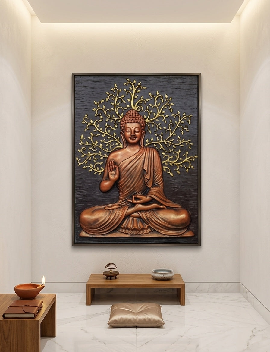 Blessing Buddha under Bodhi Tree 3D Relief Wall Art Panel - Room Mockup 2