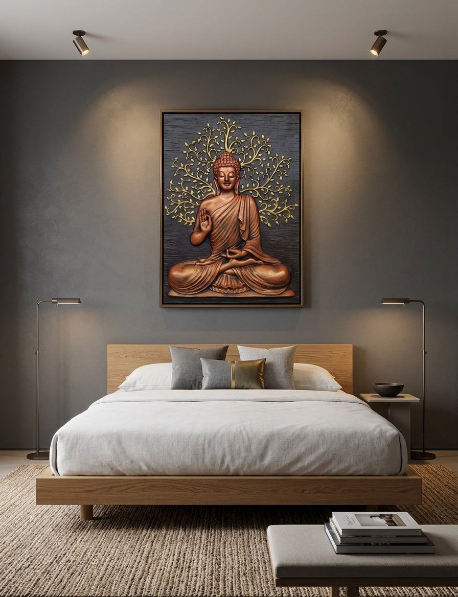 Blessing Buddha under Bodhi Tree 3D Relief Wall Art Panel - Room Mockup 3