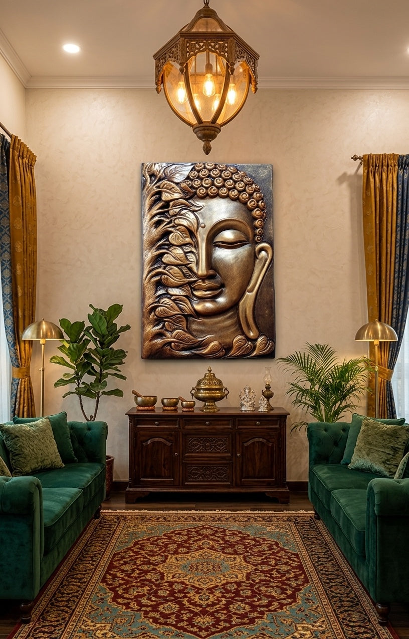 Buddha with Bodhi Leaves 3D Relief Wall Art Panel - Room Mockup 1