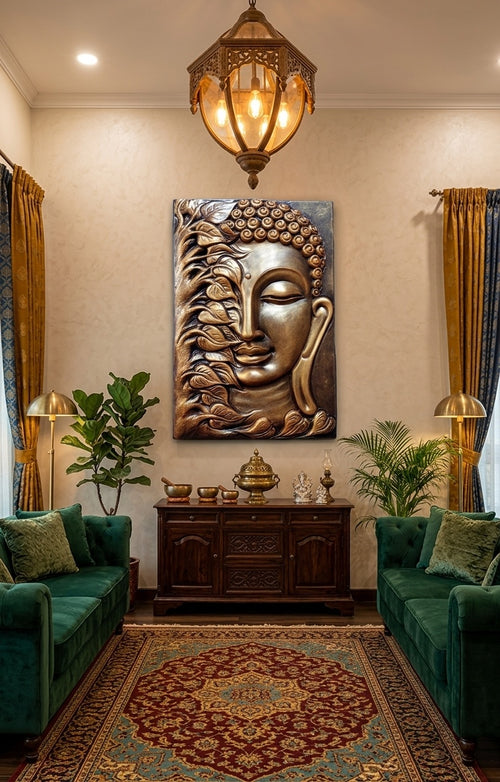 Buddha with Bodhi Leaves 3D Relief Wall Art Panel - Room Mockup 1