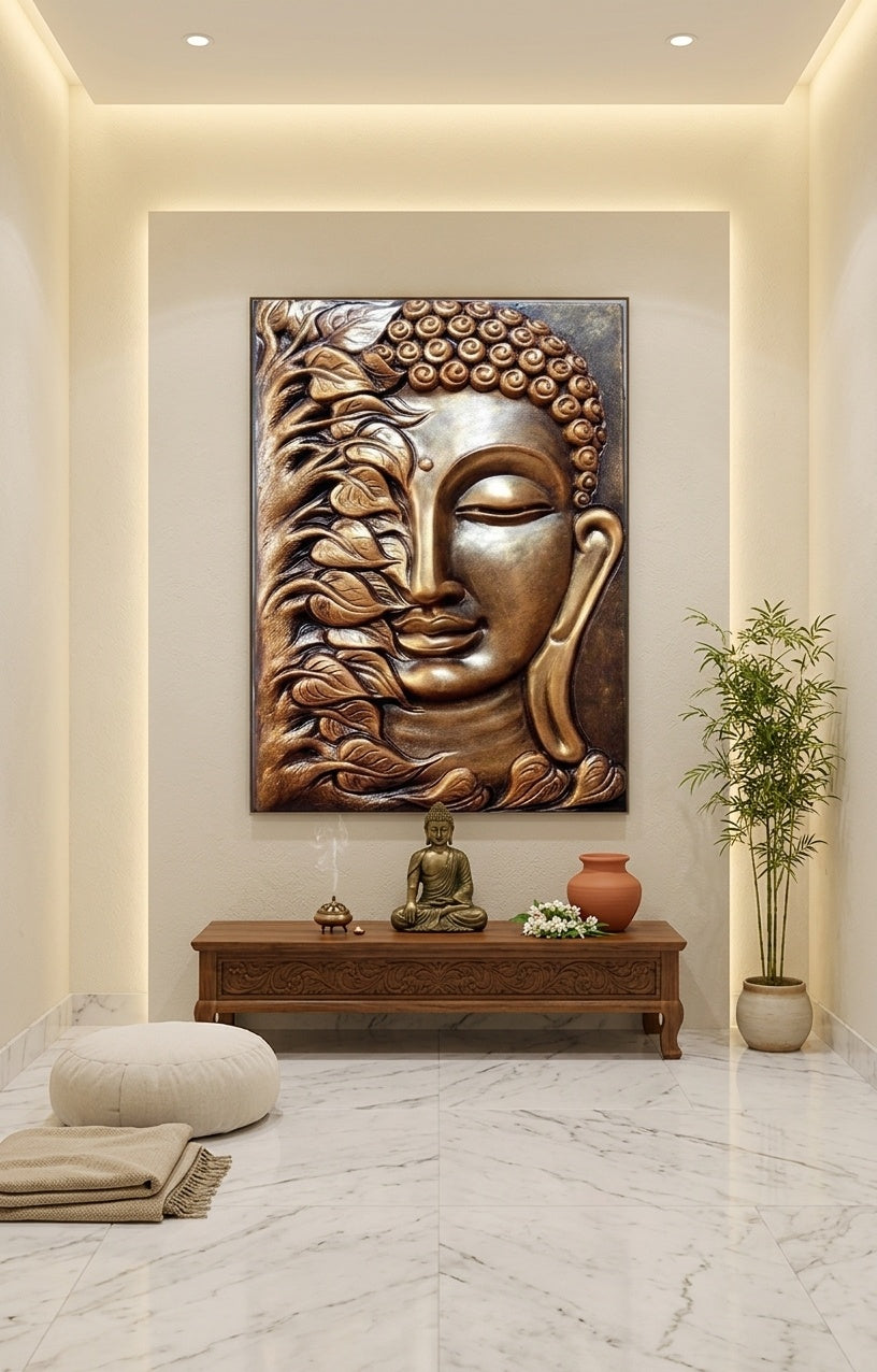 Buddha with Bodhi Leaves 3D Relief Wall Art Panel - Room Mockup 2