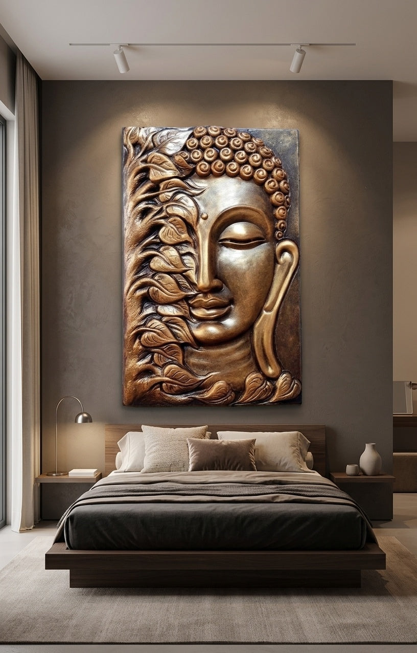 Buddha with Bodhi Leaves 3D Relief Wall Art Panel - Room Mockup 3
