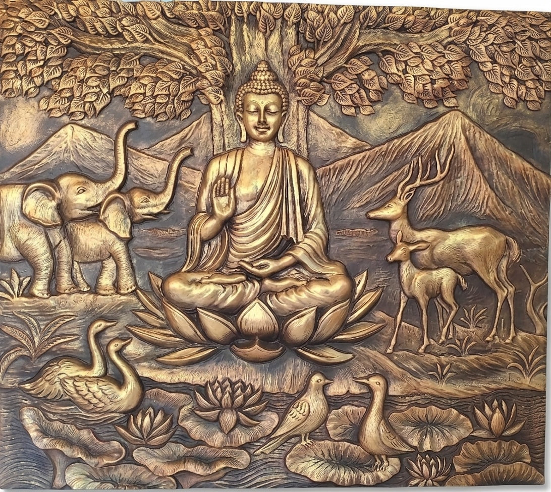 Blessing Buddha under Bodhi Tree with Animals 3D Relief Mural Wall Art - Studio Detail